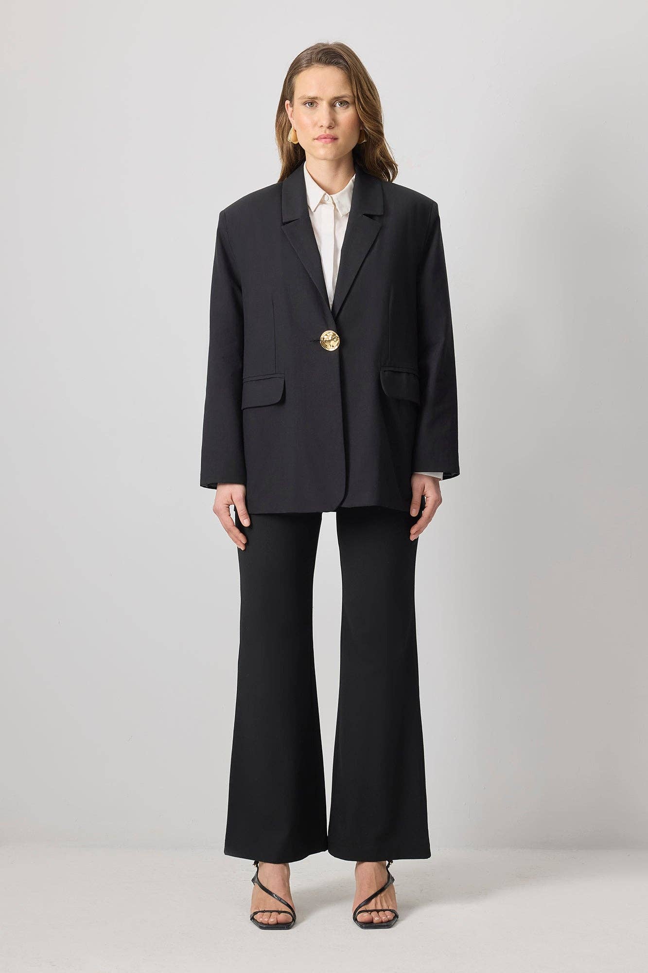 Polished Blazer with Gold Statement Button: Black