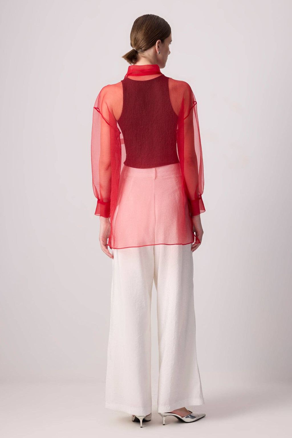 SHEER BUTTON-UP ORGANZA SHIRT: Red