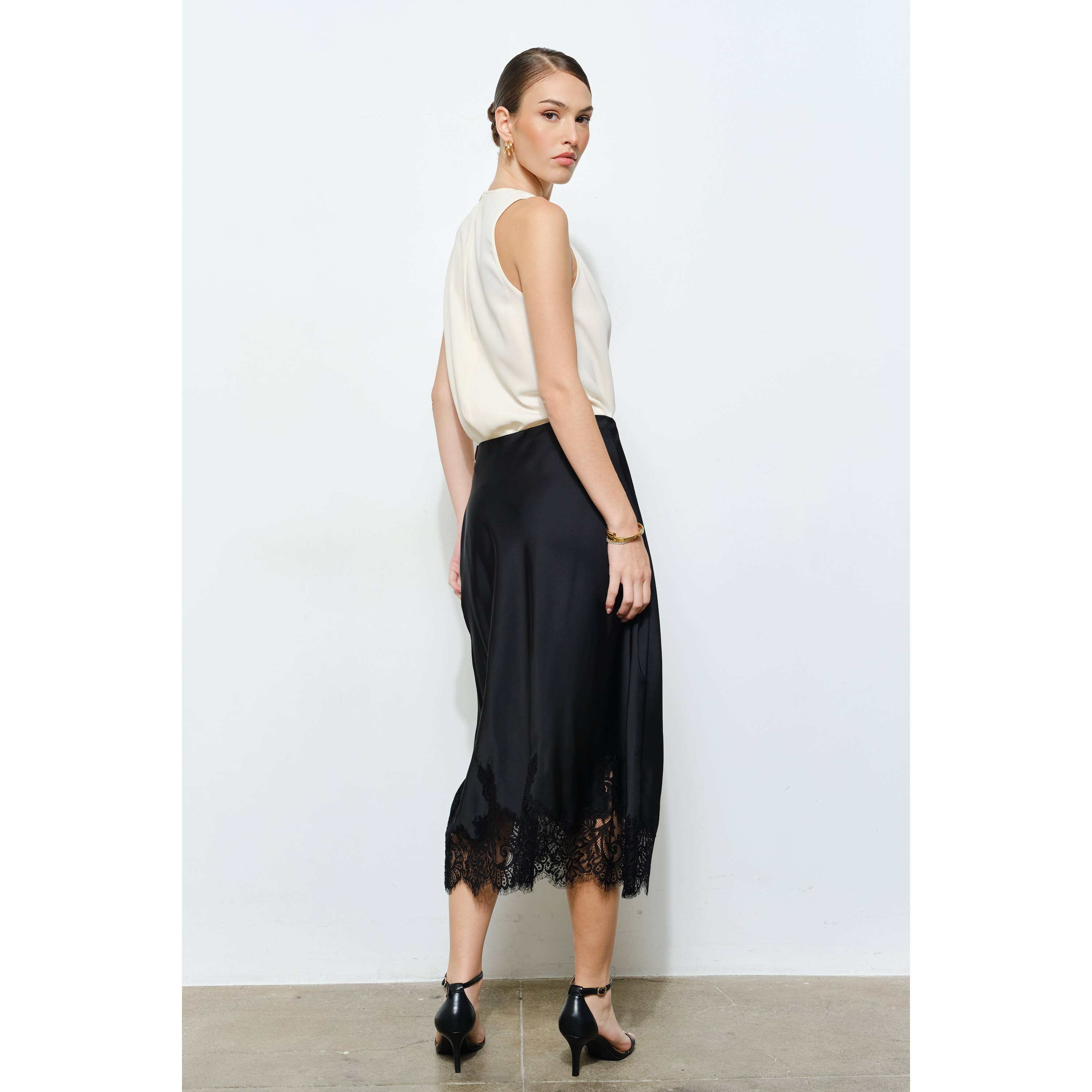 Classic Silky with Lace Hem H-Line Midi Skirt