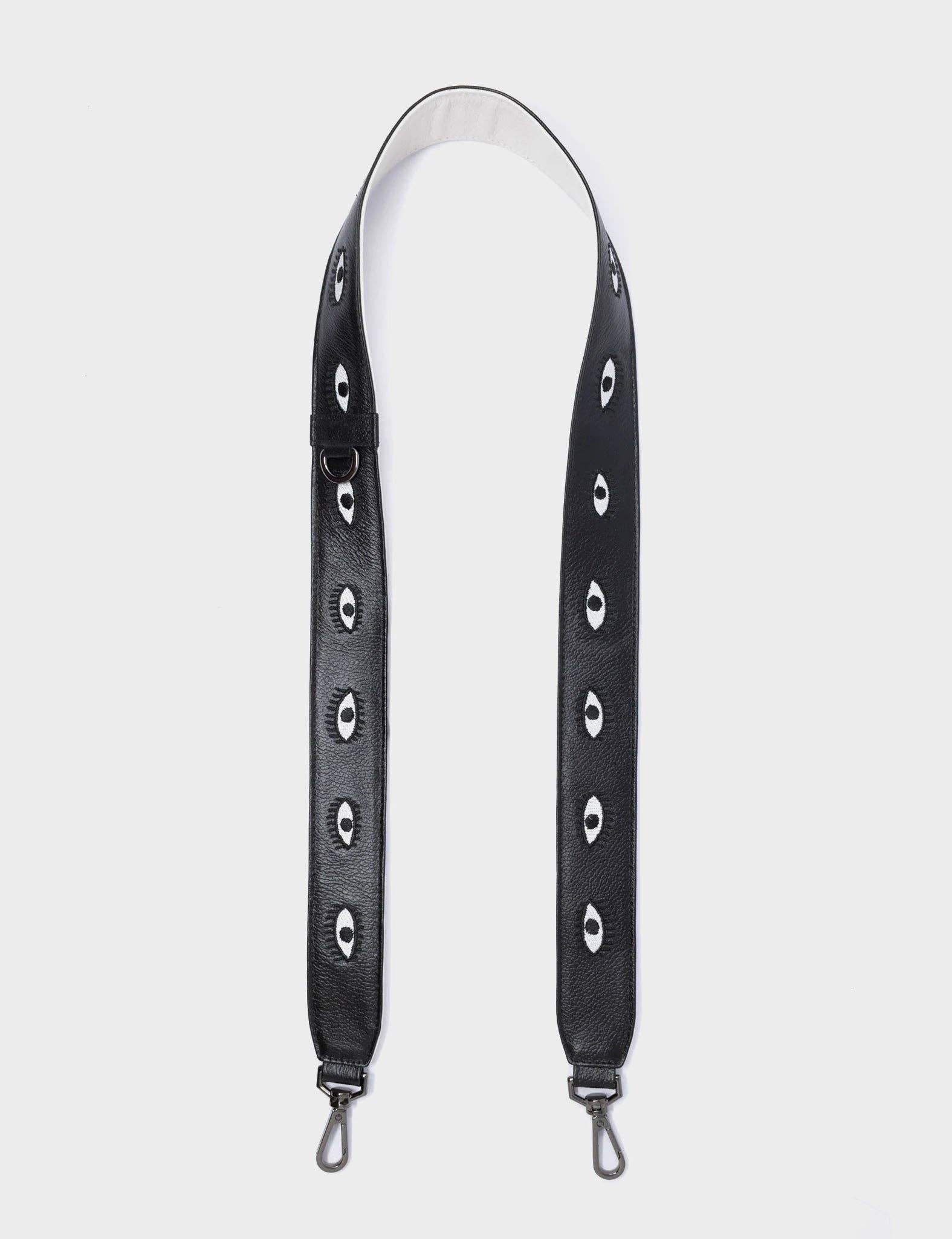 Embroidered Eyes Leather Shoulder Strap:  Black