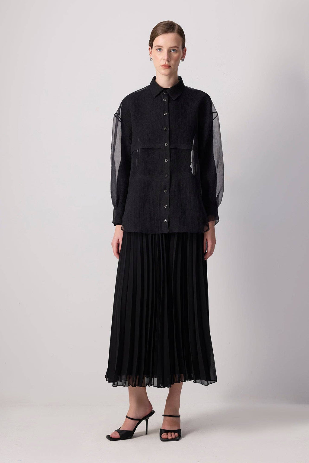 SHEER BUTTON-UP ORGANZA SHIRT:  BLACK