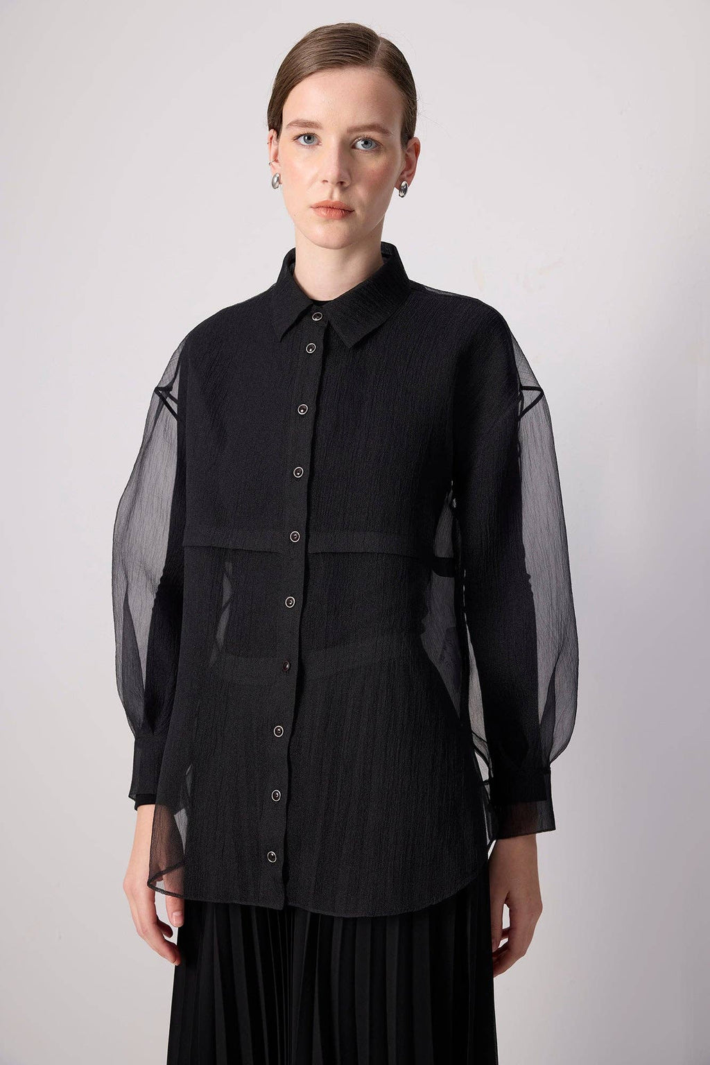 SHEER BUTTON-UP ORGANZA SHIRT:  BLACK