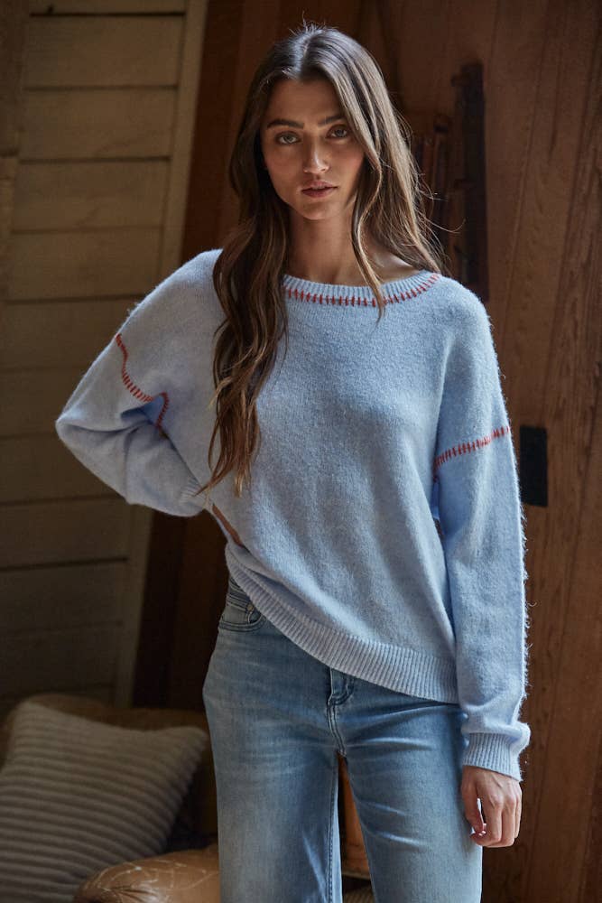 Knit Sweater With Contrast Stitches:  Light Blue