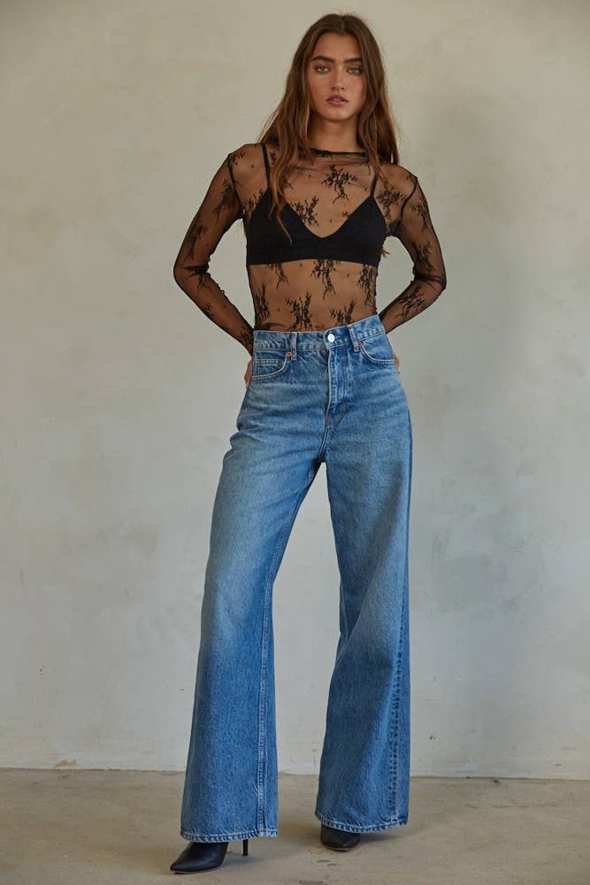 Lace Longsleeve Layering Top:  Black