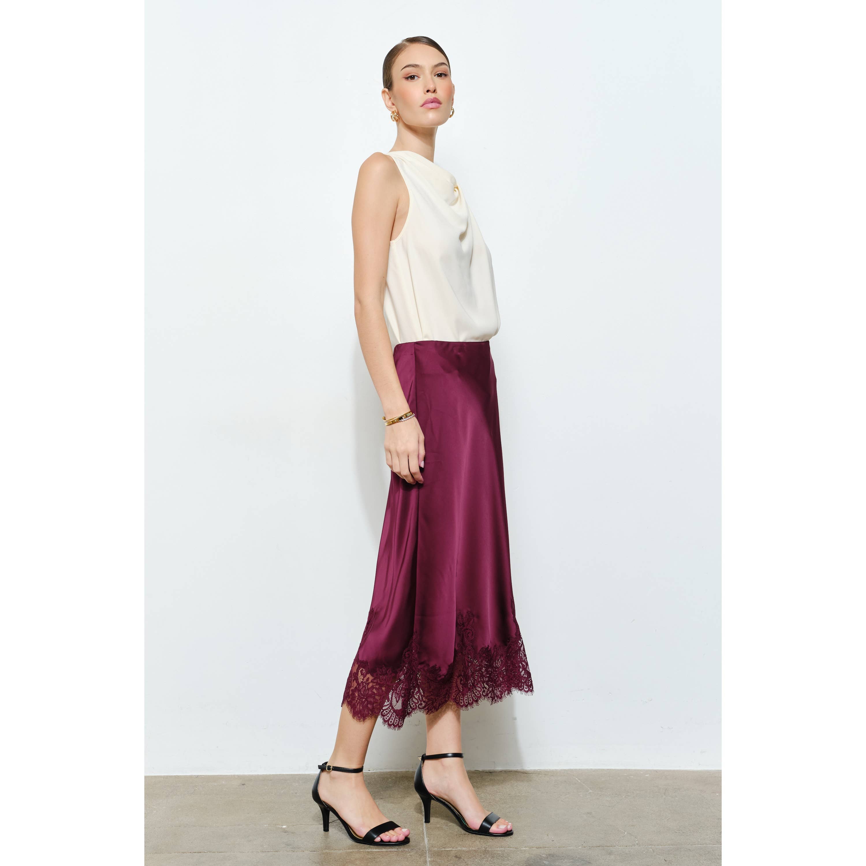 Classic Silky with Lace Hem H-Line Midi Skirt