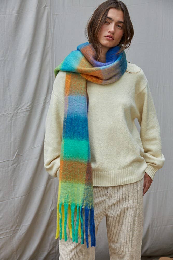 Knit Gingham Pattern Scarf: Blue Orange
