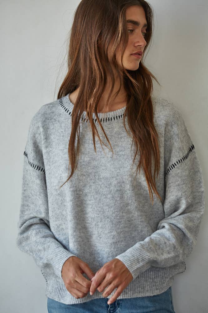 Knit Sweater With Contrast Stitches:  Light Blue