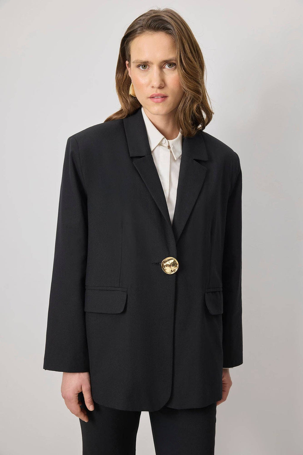 Polished Blazer with Gold Statement Button:  Black