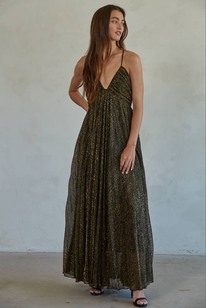 The Bri Lurex Cross Strap V-Neck Maxi