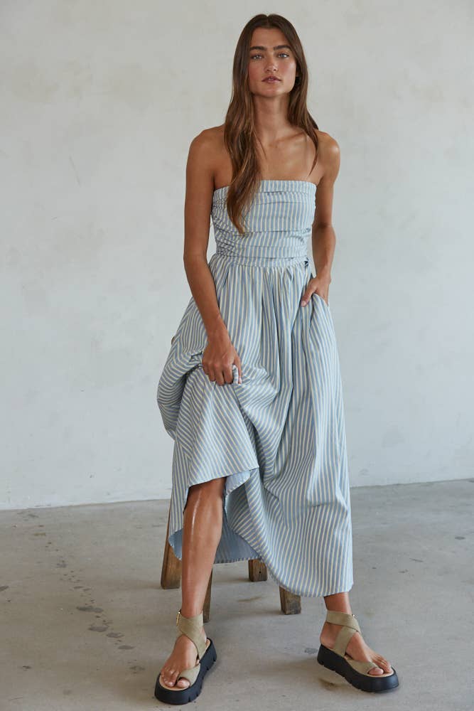 Strapless Striped Midi Dress: Dusty Blue