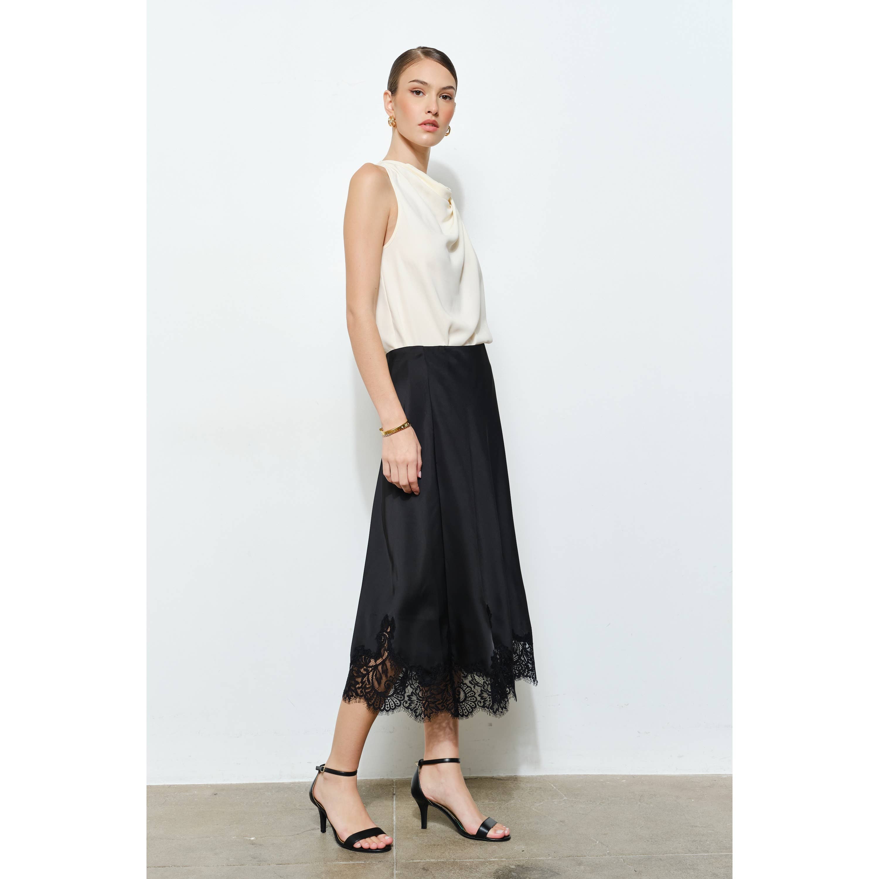Classic Silky with Lace Hem H-Line Midi Skirt