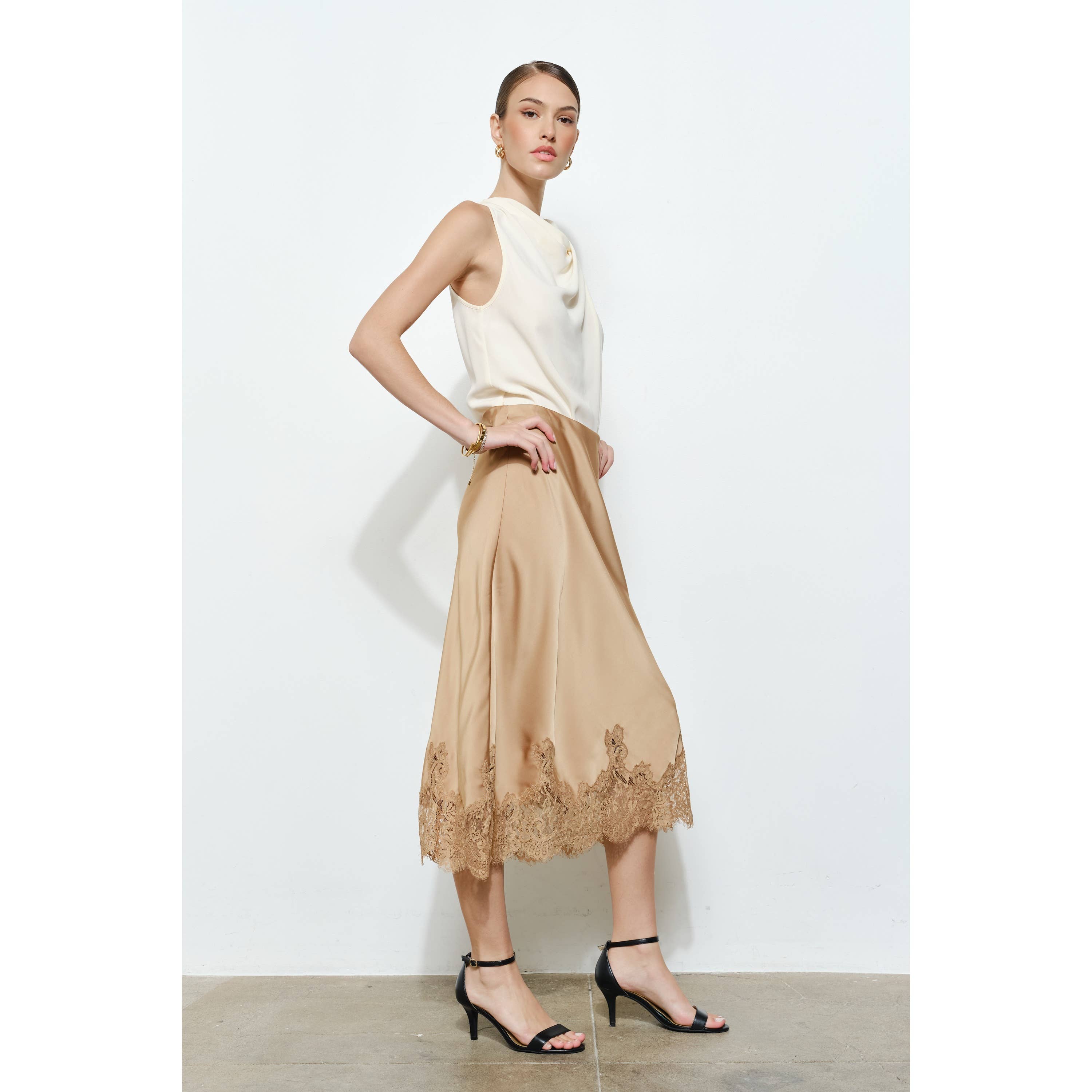 Classic Silky with Lace Hem H-Line Midi Skirt
