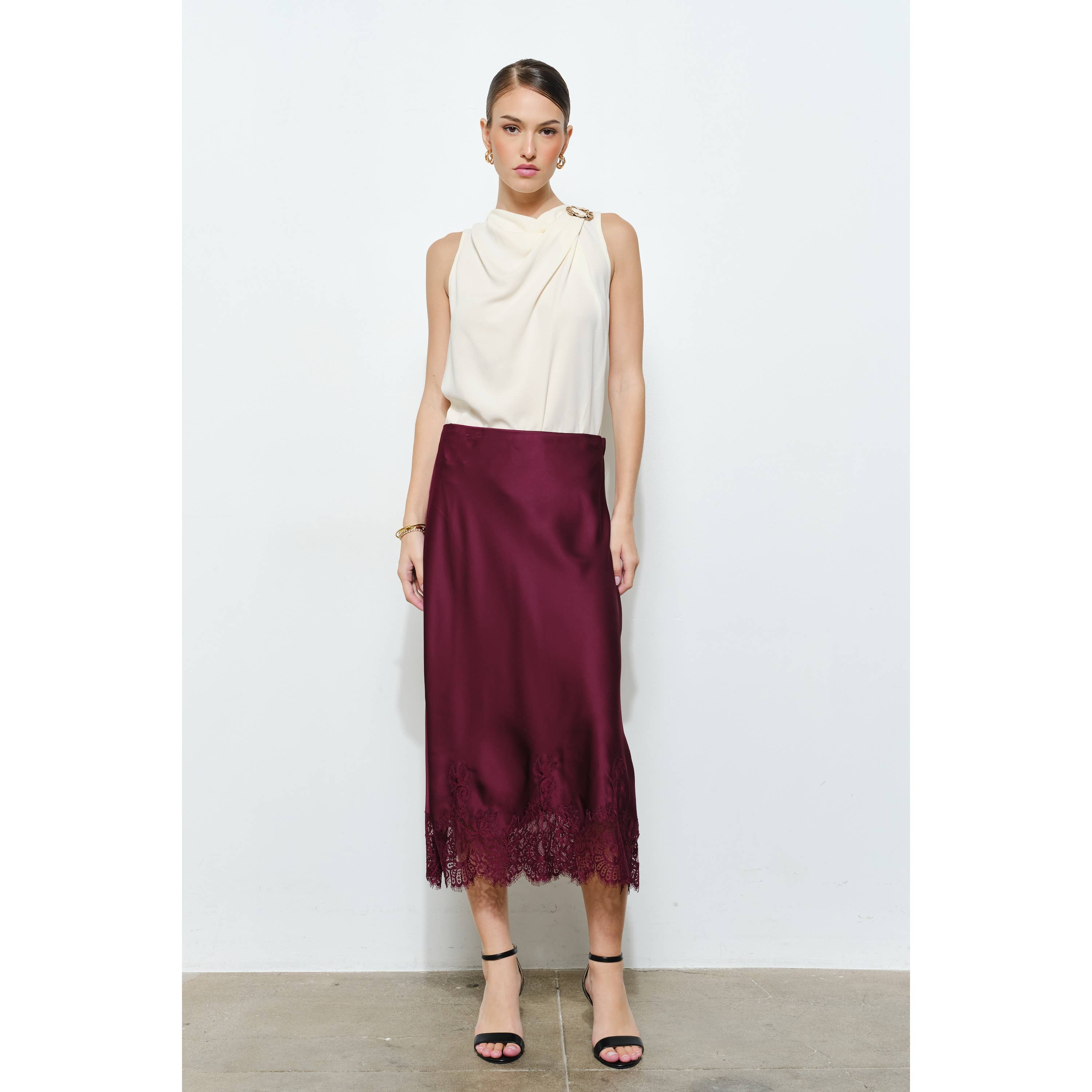 Classic Silky with Lace Hem H-Line Midi Skirt