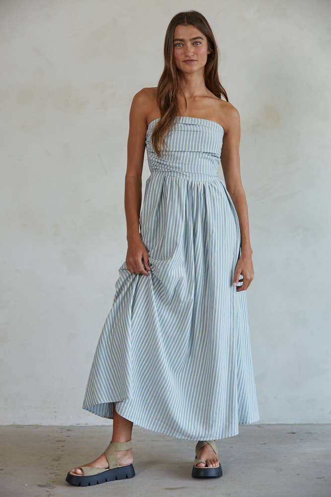 Strapless Striped Midi Dress: Dusty Blue
