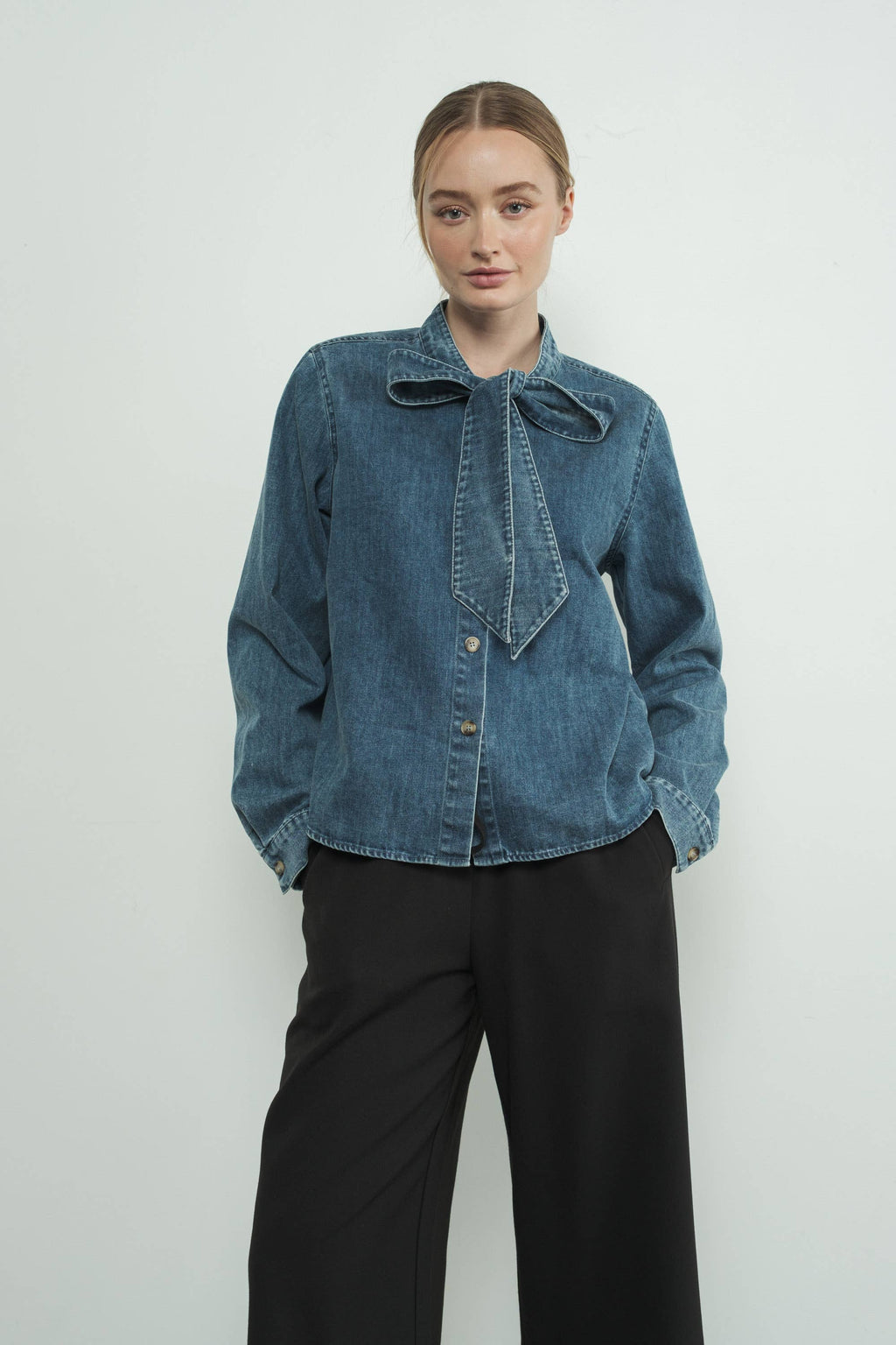 DENIM BOW TIE BLOUSE: MEDIUM WASH