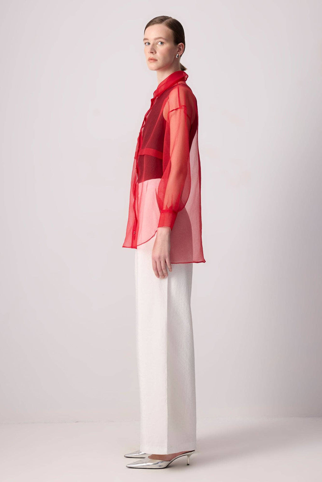 SHEER BUTTON-UP ORGANZA SHIRT: Red