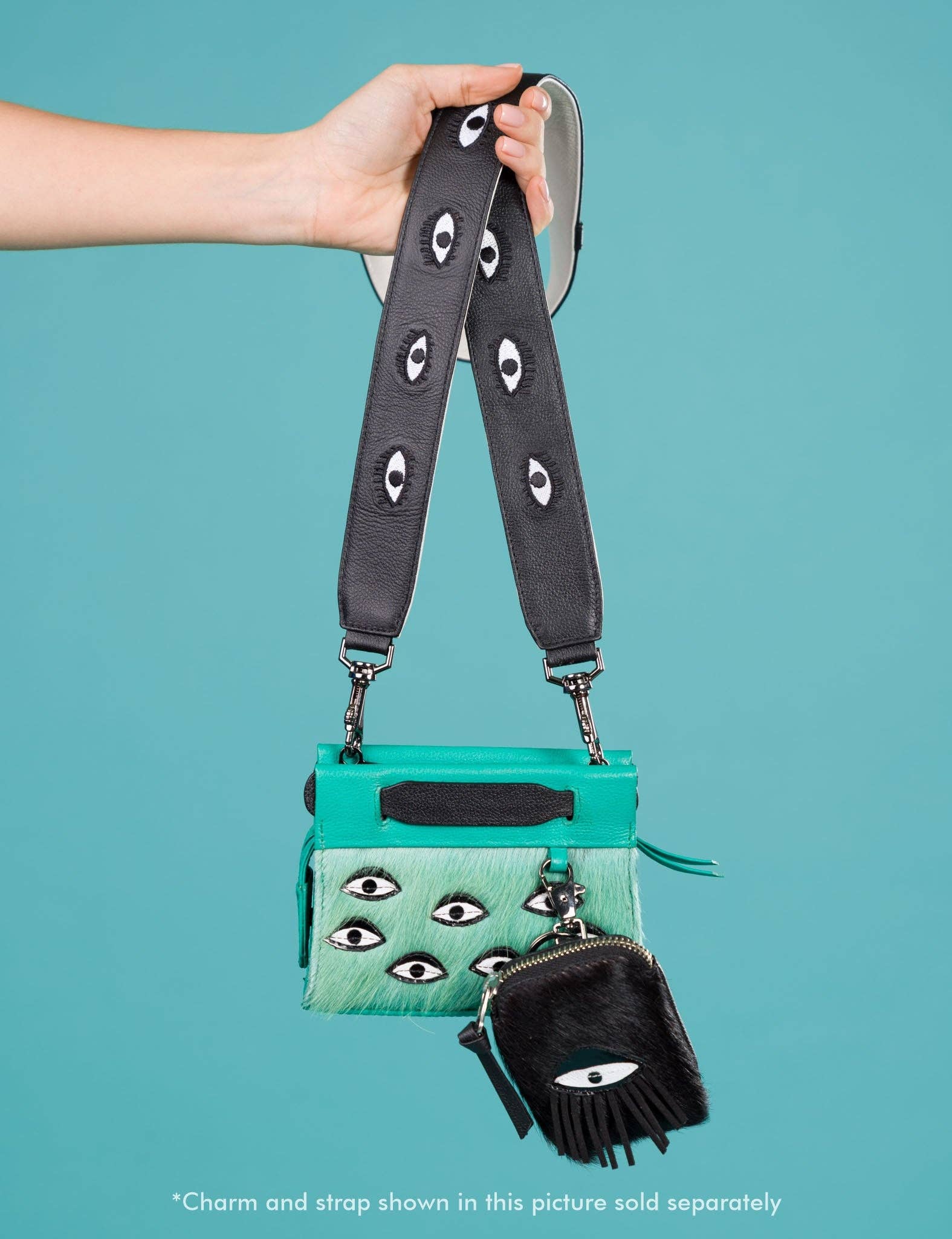 Embroidered Eyes Leather Shoulder Strap:  Black