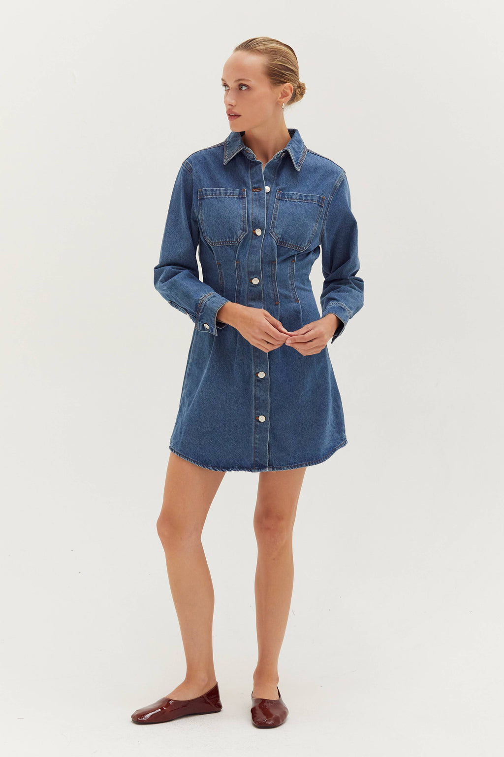 Denim Mini Dress with Corset Waist Detail