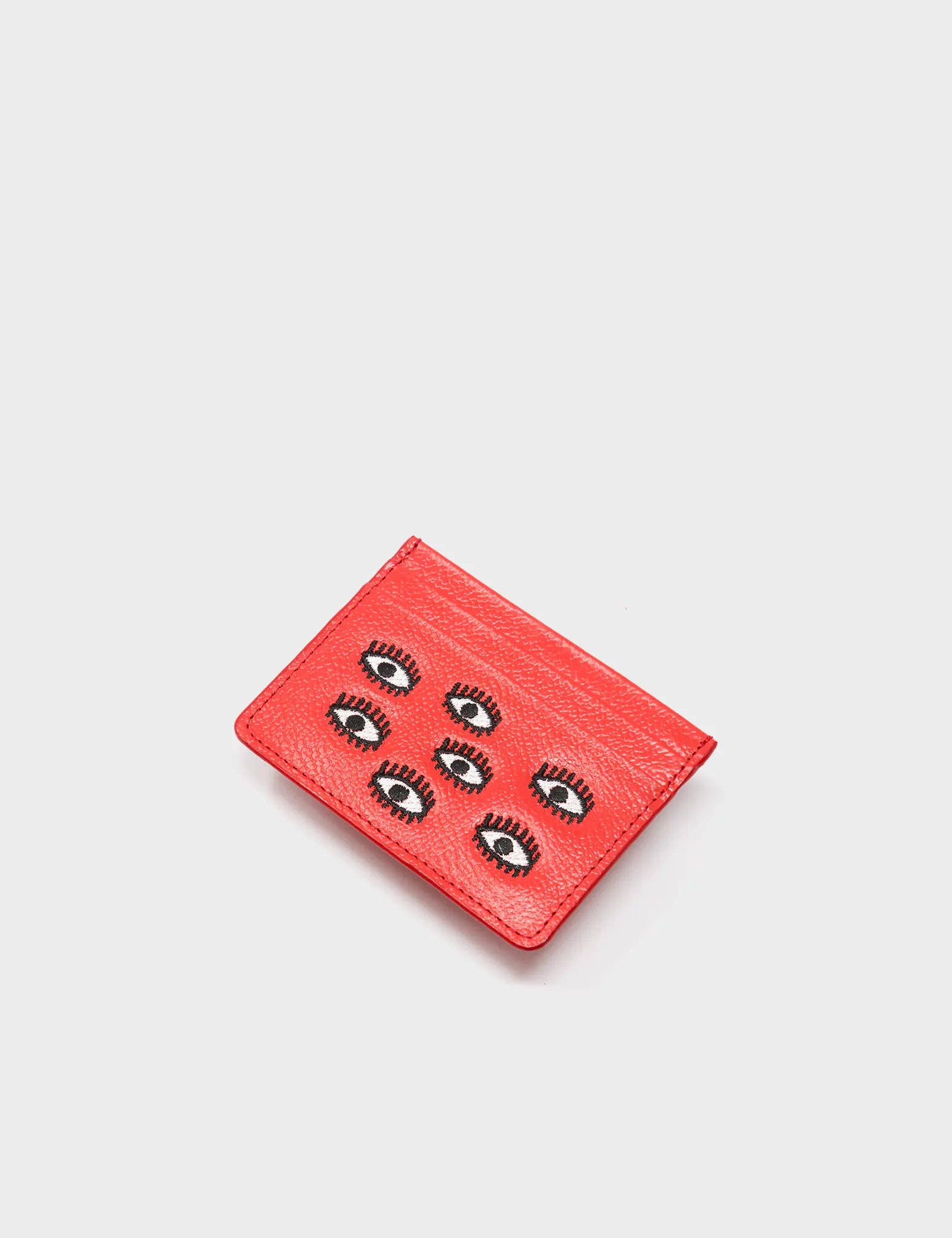Filium Poppy Red Leather Cardholder - All Over Eyes Embroidery