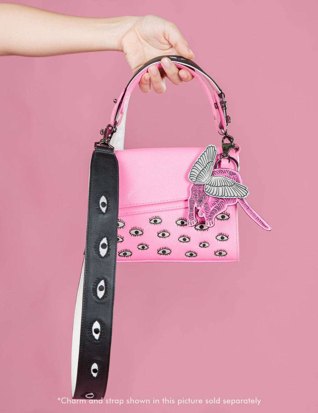 Embroidered Eyes Leather Shoulder Strap:  Black