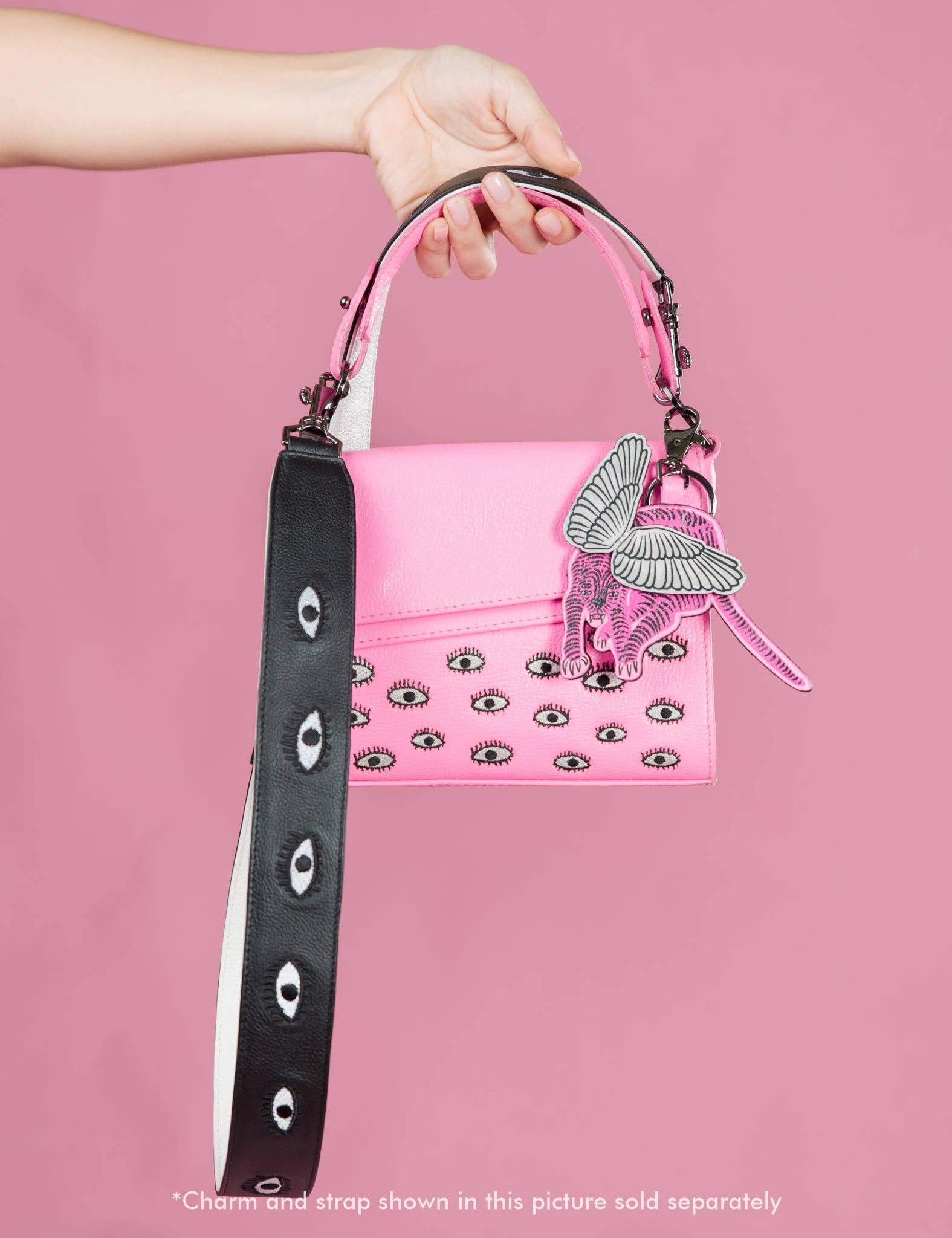 Embroidered Eyes Leather Shoulder Strap:  Black
