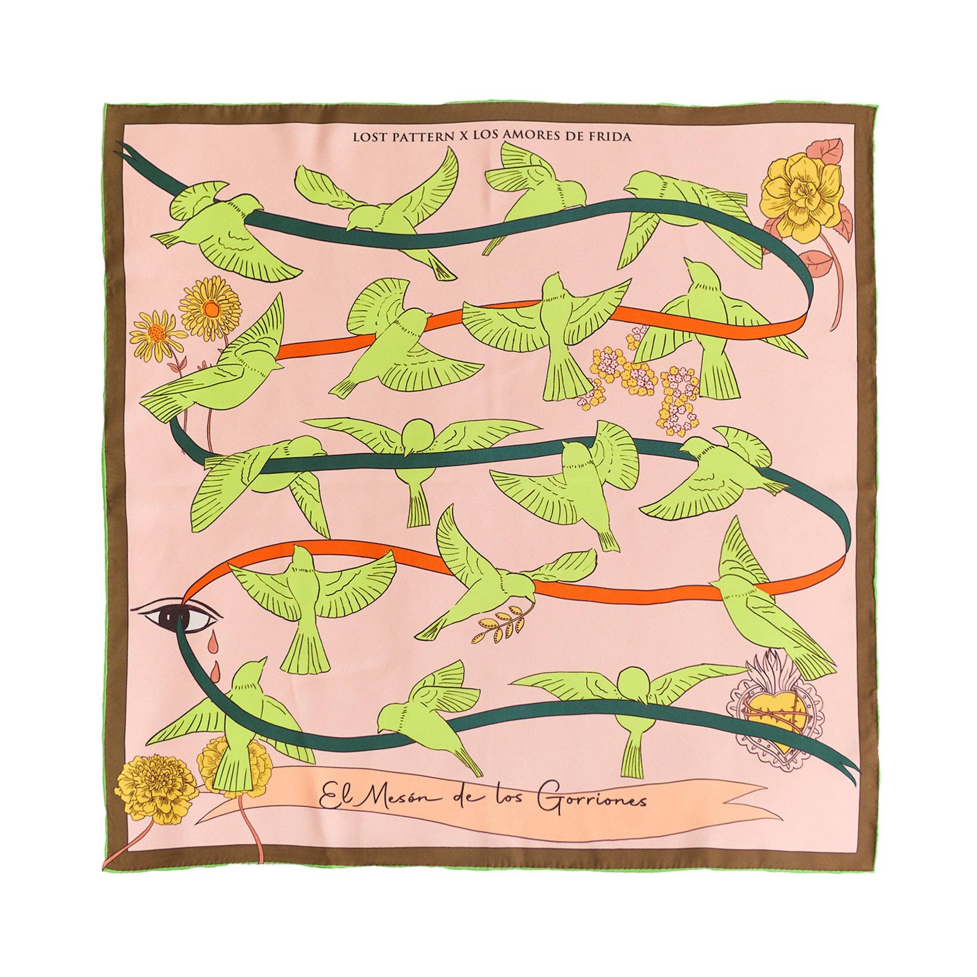 FRIDA x LOST PATTERN "House of Frida" Silk Bandana Scarf:  Neon Green