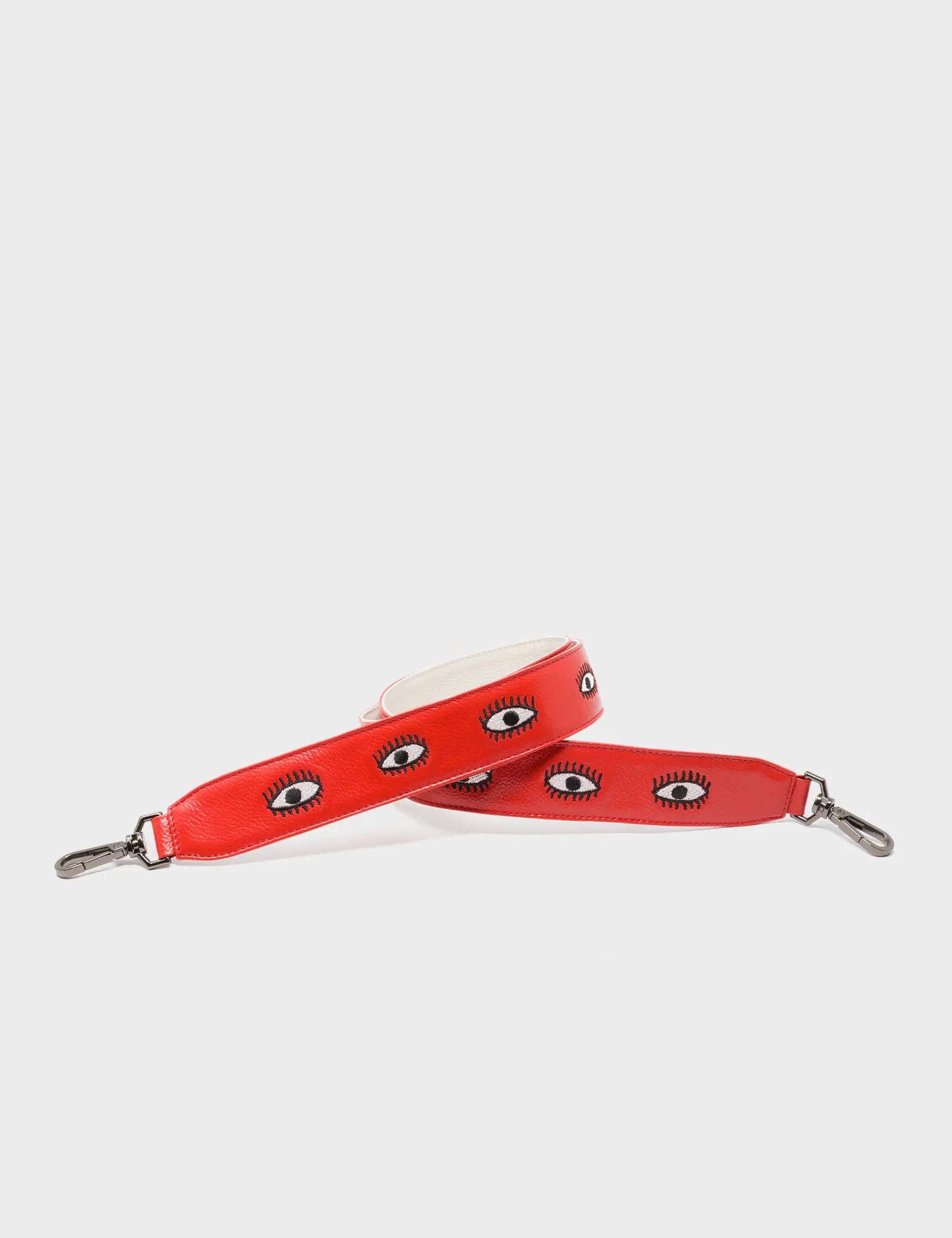 Embroidered Eyes Leather Shoulder Strap - Poppy Red