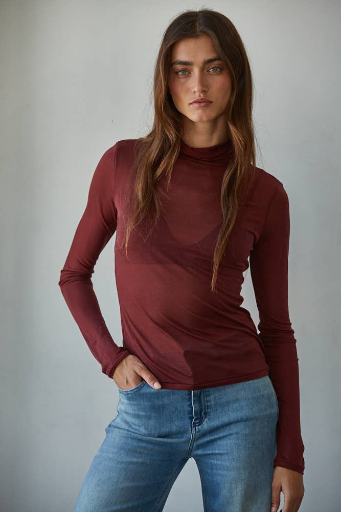 Sheer Lightweight Turtleneck: Burgundy