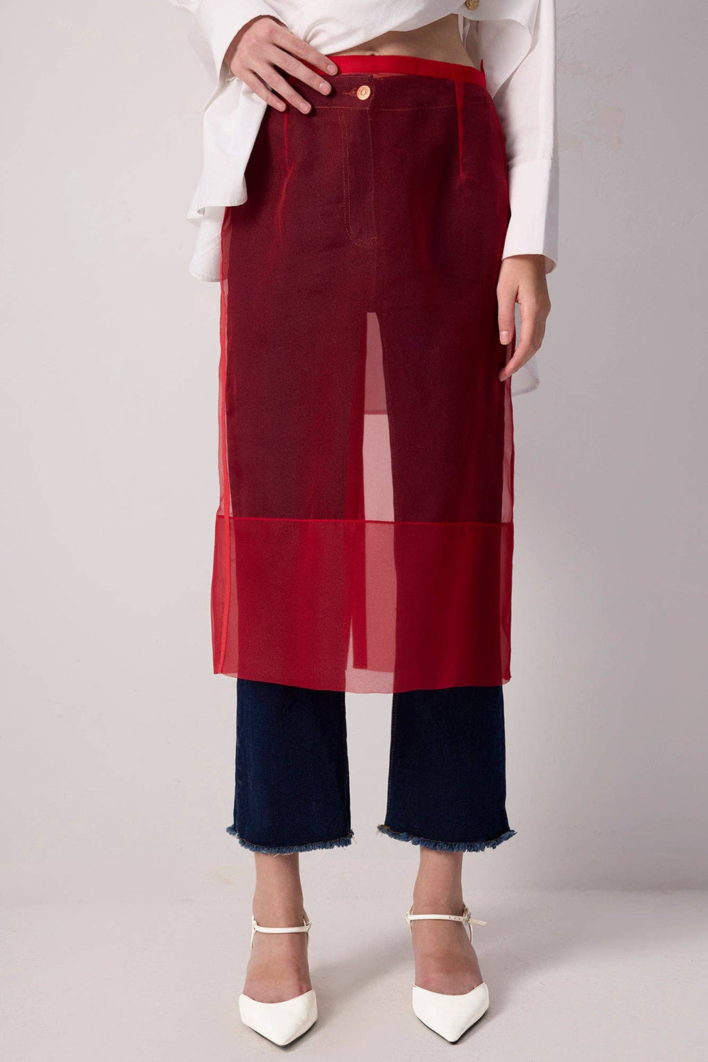 Sheer Organza Overlay Skirt:  Red