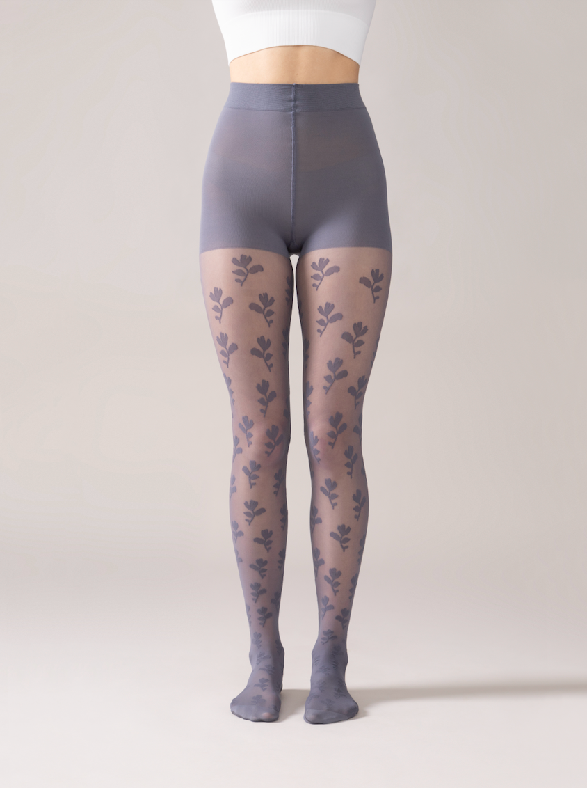 Floral Pattern Tights:  Denim Blue