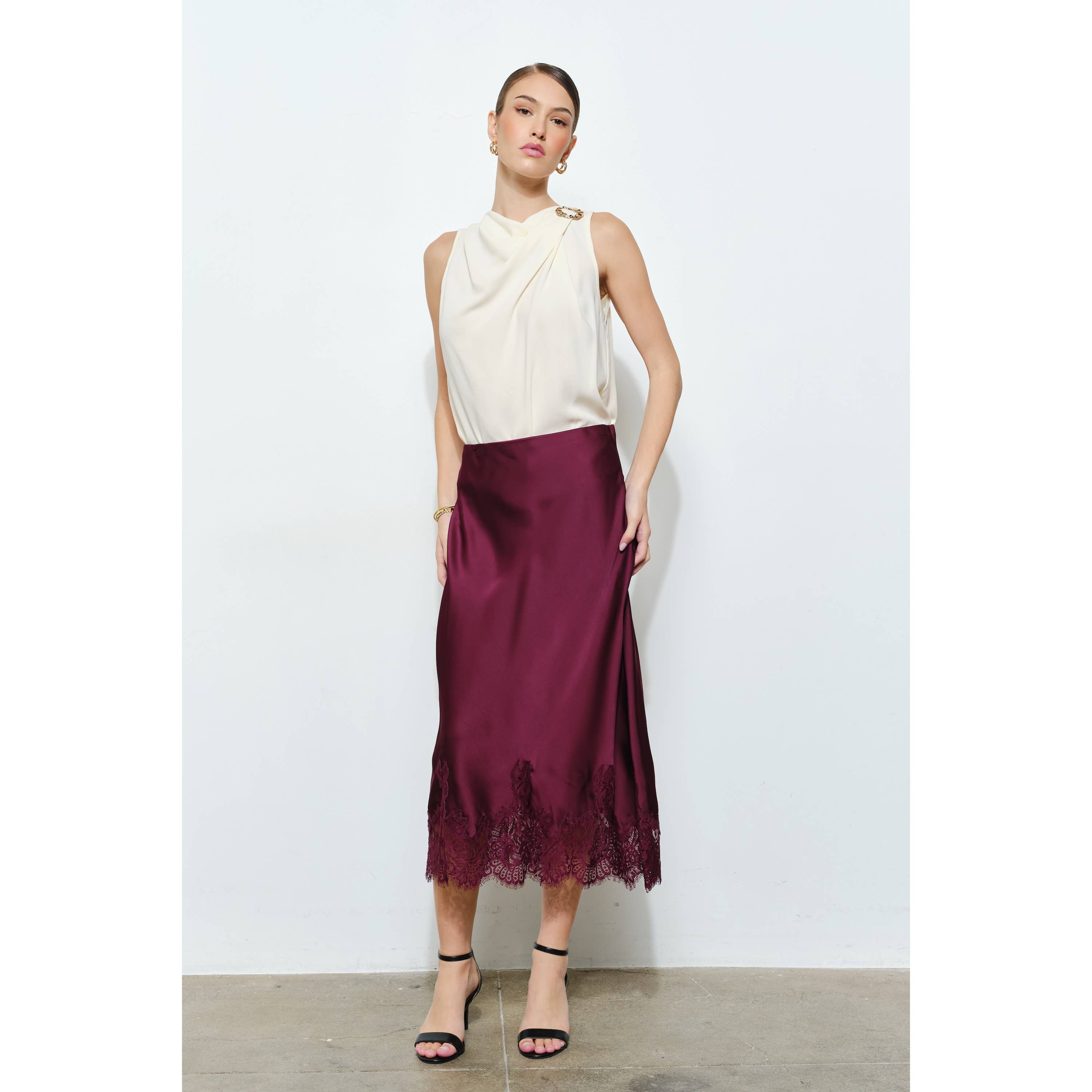 Classic Silky with Lace Hem H-Line Midi Skirt