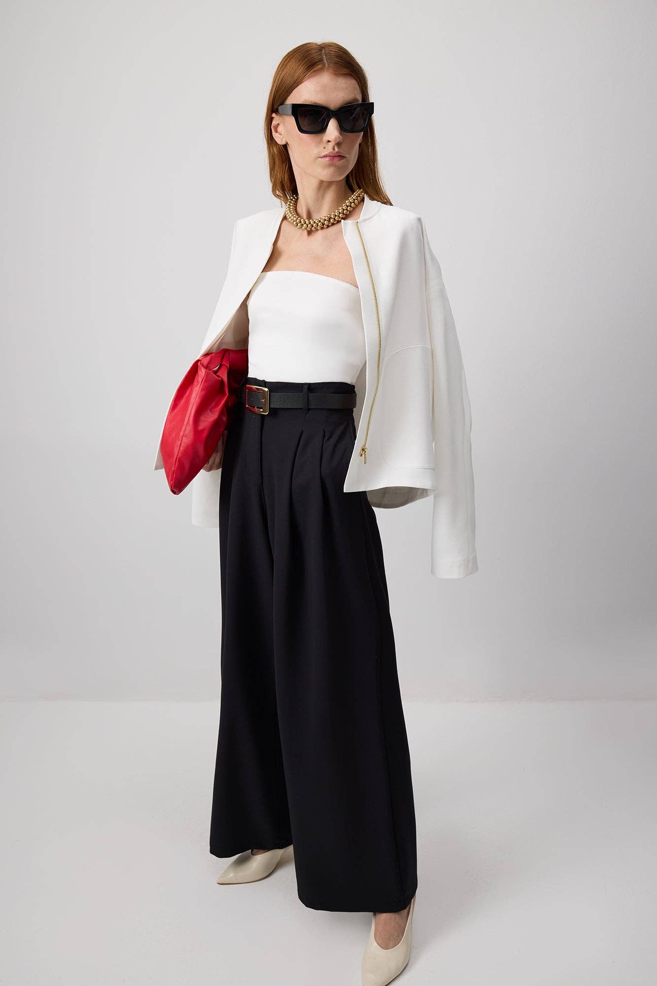 High-Waisted Pleated Crepe Trousers: Black