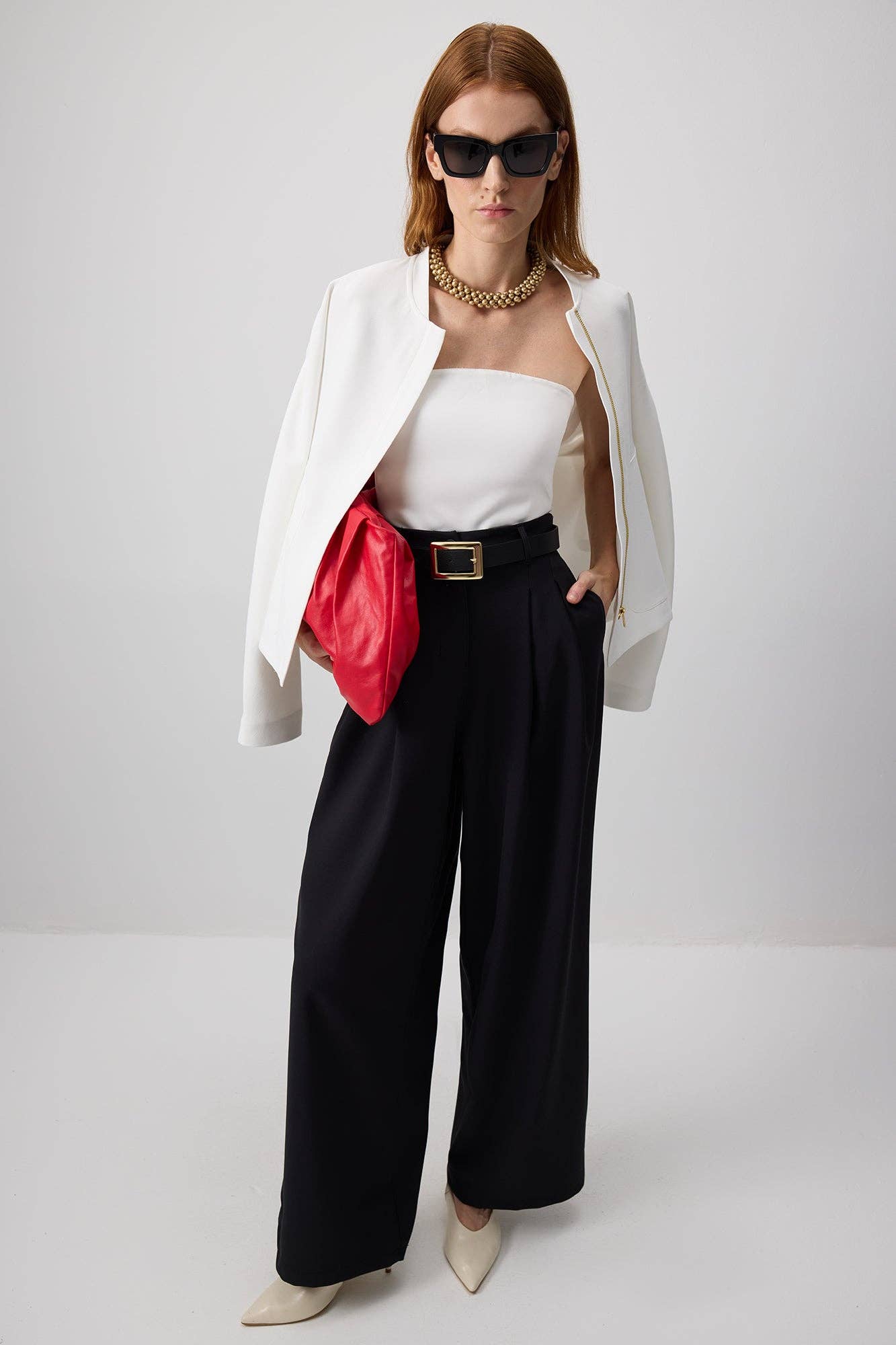 High-Waisted Pleated Crepe Trousers: Black