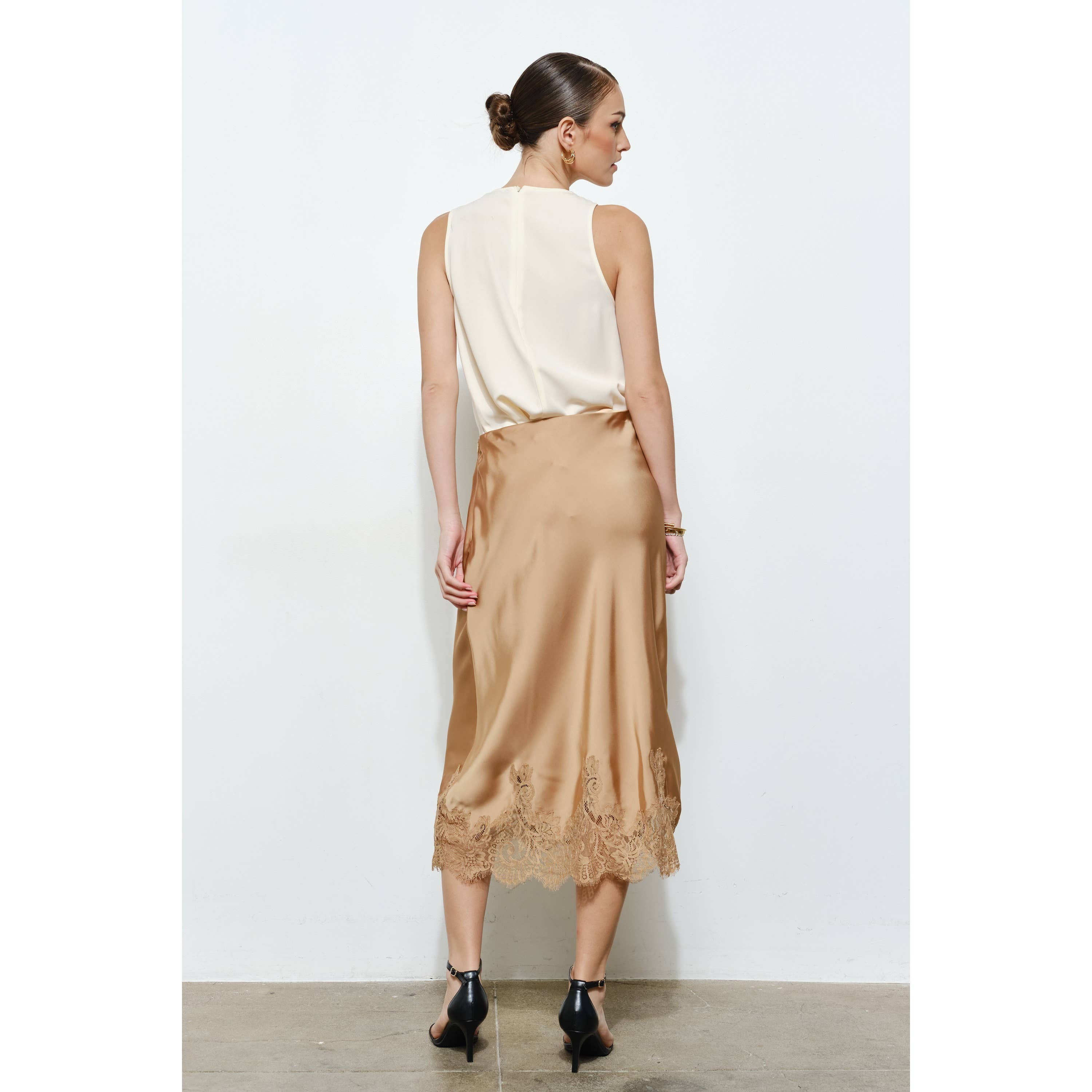 Classic Silky with Lace Hem H-Line Midi Skirt