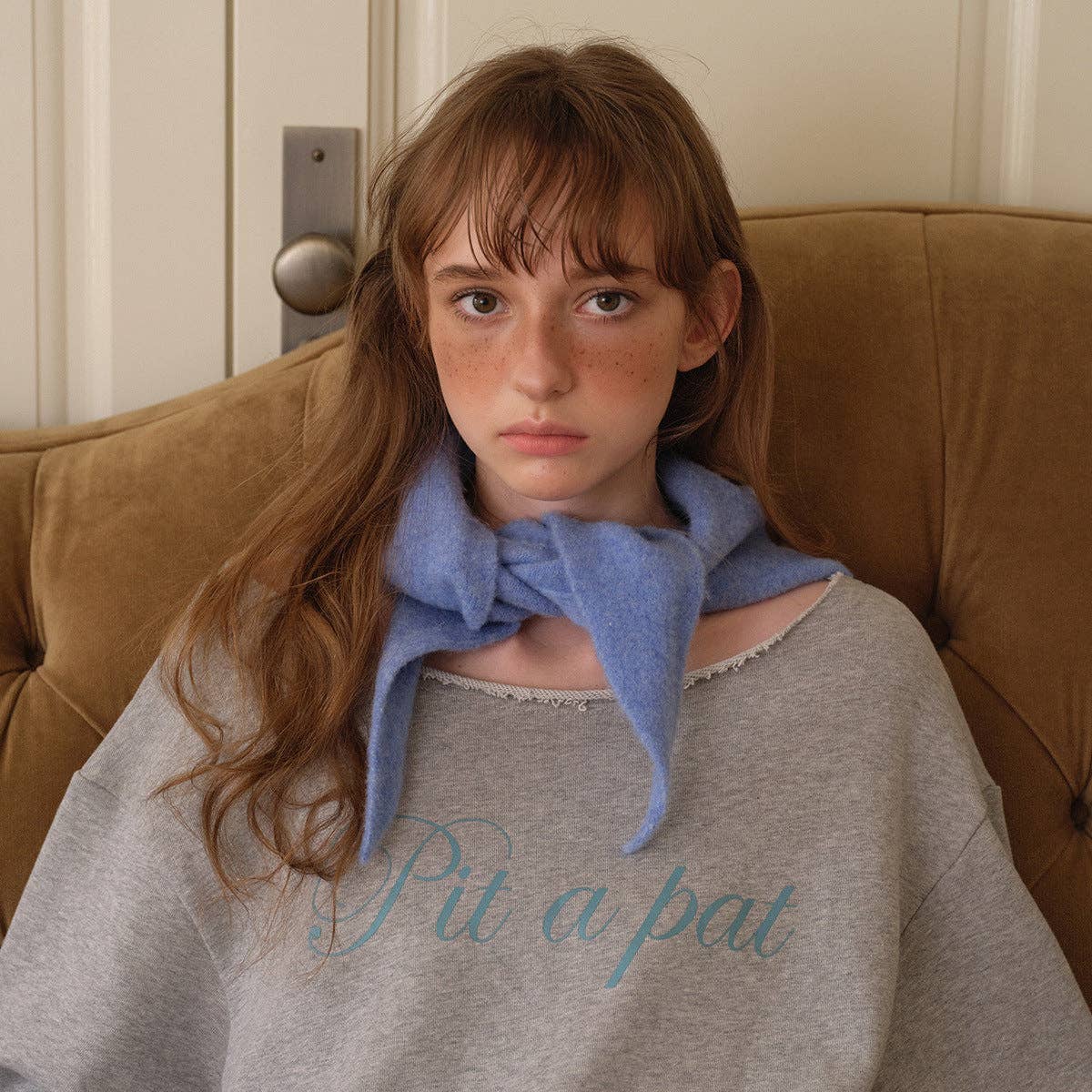 Blue Knitted Wool Blend Triangle Scarf