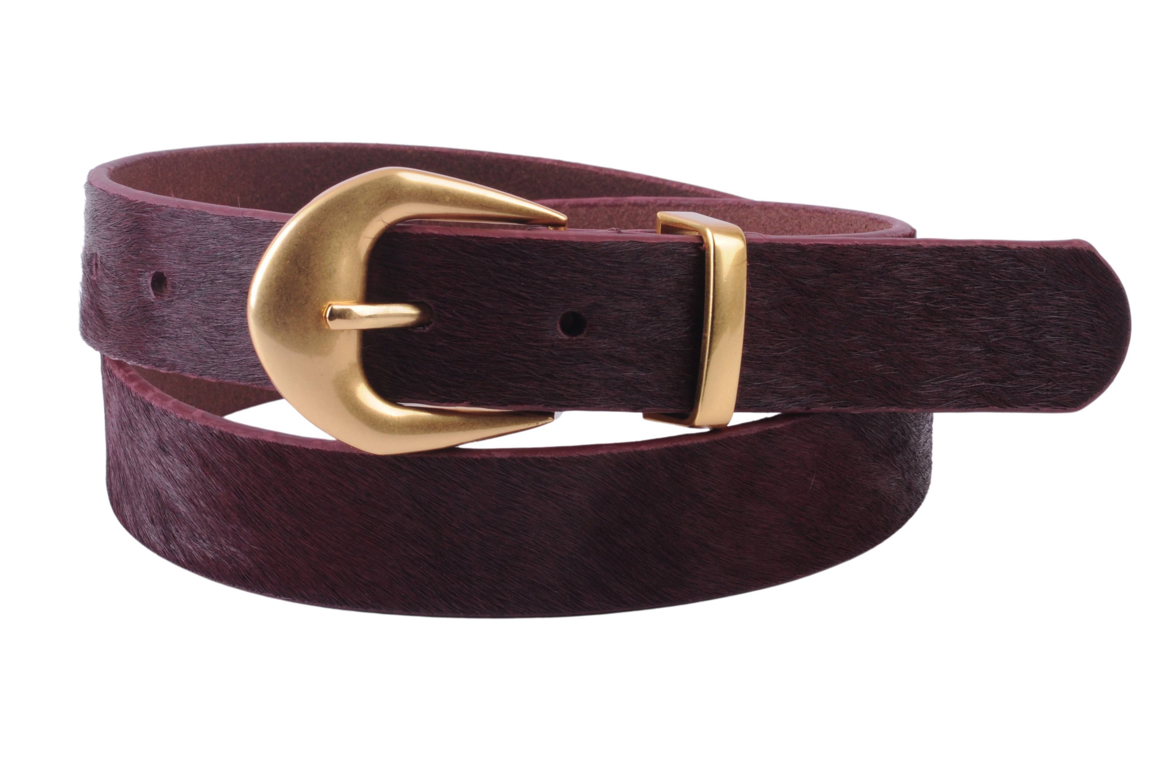 Calf Hair Belt with Gold Buckle:  Burgundy