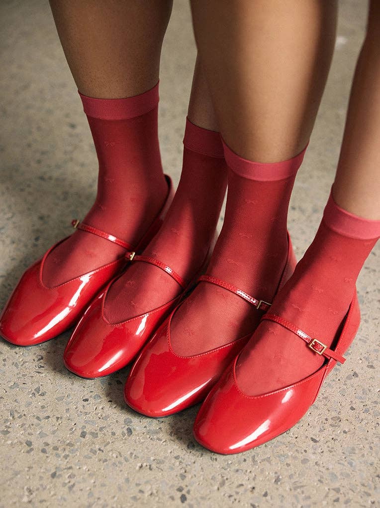 Micro Bow Sheer Socks:  Cherry