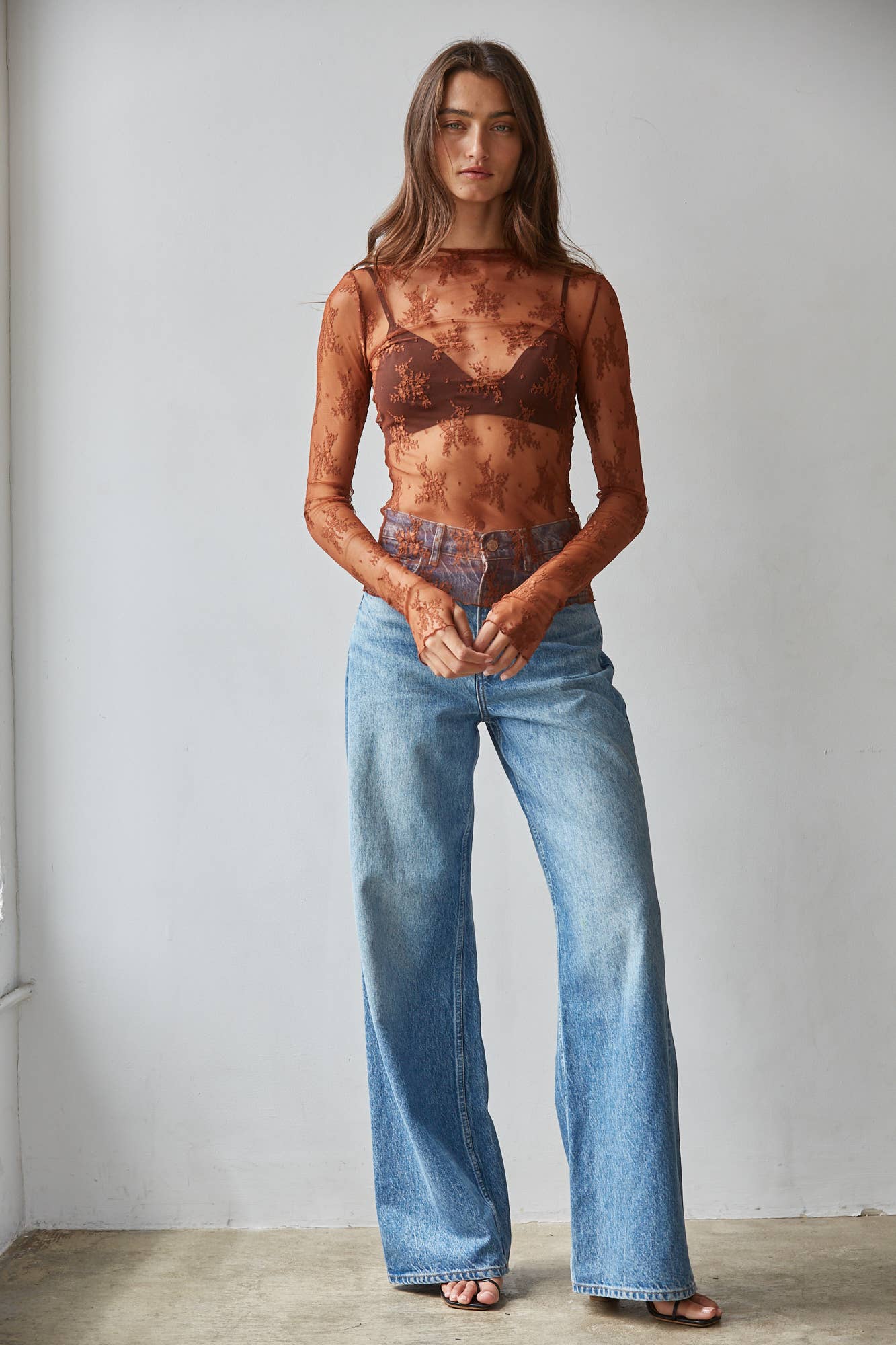 AUBREY Lace Long Sleeve Layering Top: Brown