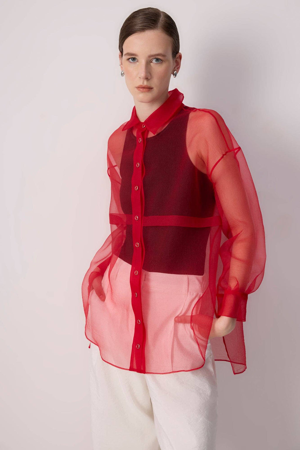 SHEER BUTTON-UP ORGANZA SHIRT: Red