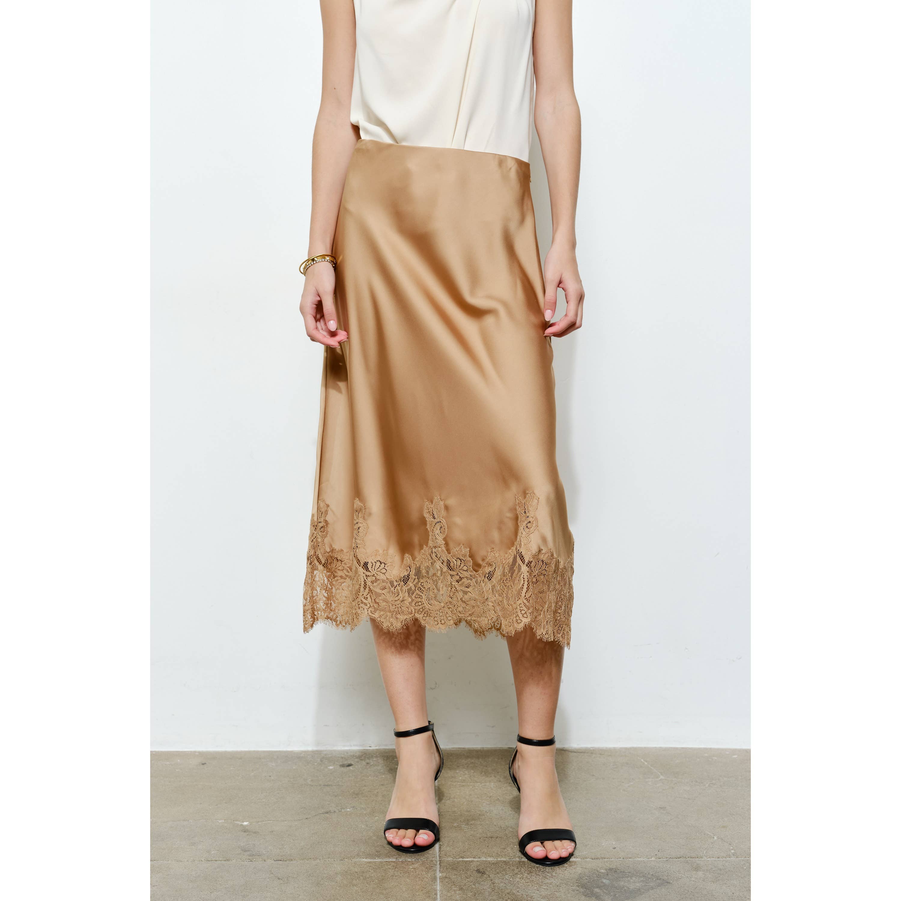 Classic Silky with Lace Hem H-Line Midi Skirt