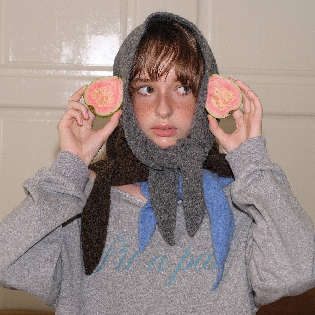 Blue Knitted Wool Blend Triangle Scarf