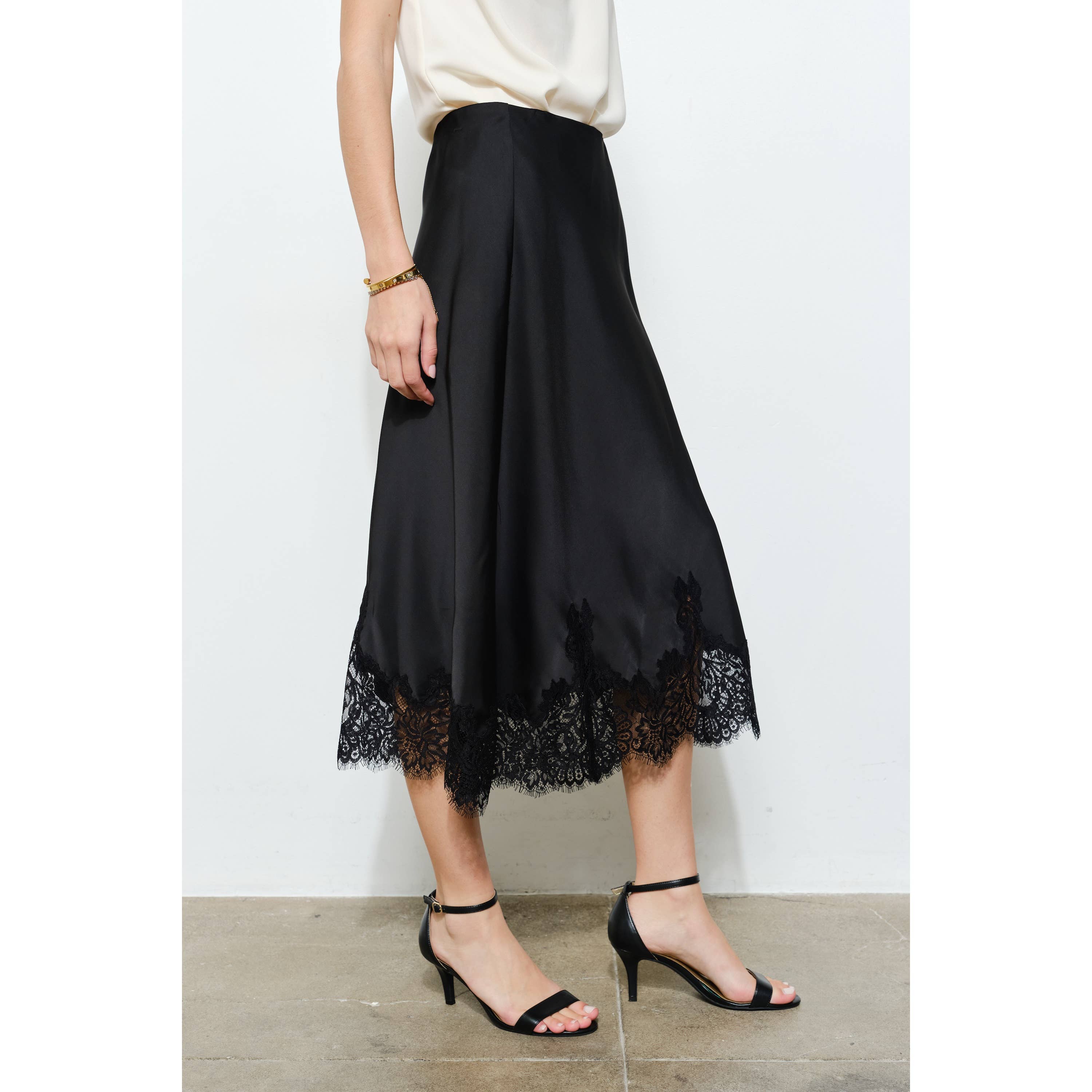 Classic Silky with Lace Hem H-Line Midi Skirt