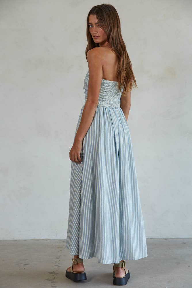 Strapless Striped Midi Dress: Dusty Blue