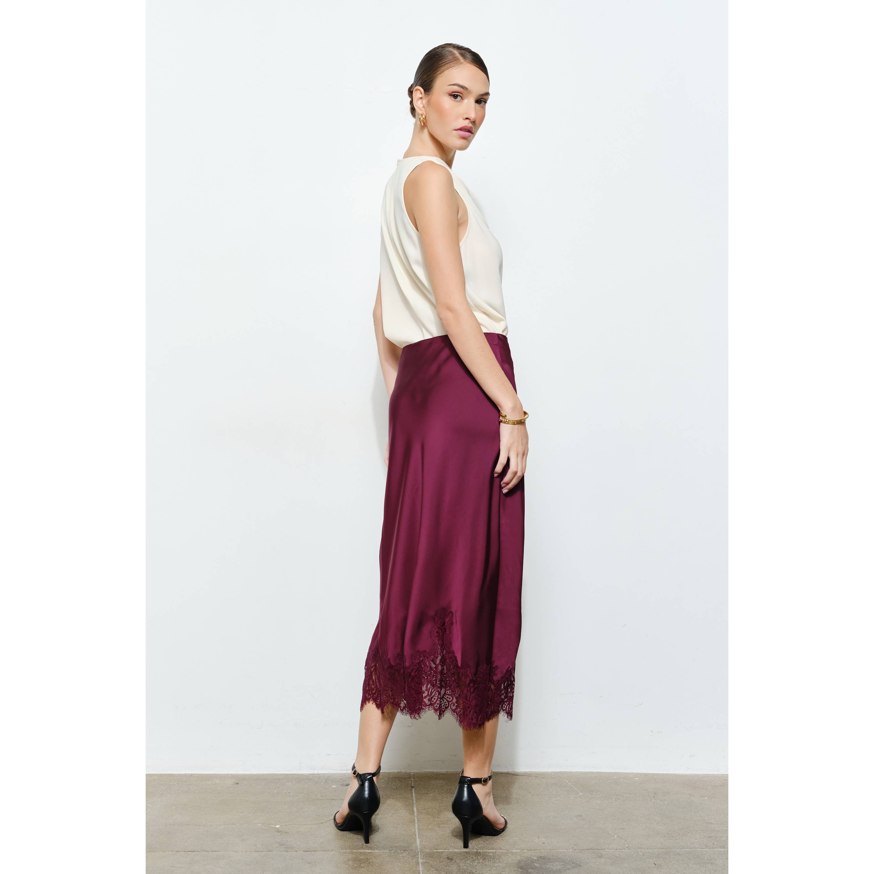 Classic Silky with Lace Hem H-Line Midi Skirt