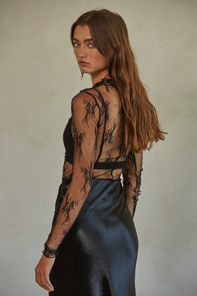 Lace Longsleeve Layering Top:  Black