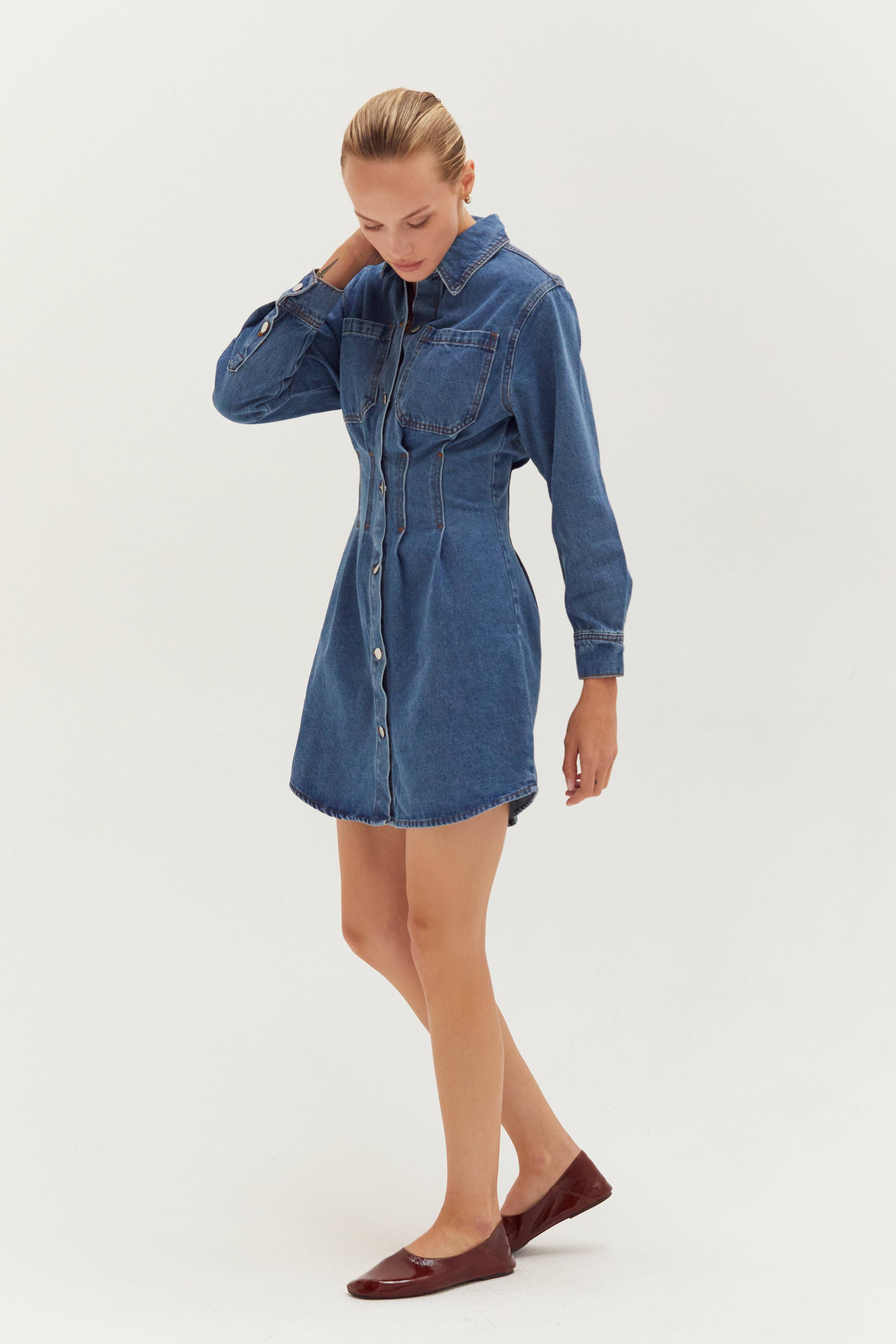 Denim Mini Dress with Corset Waist Detail