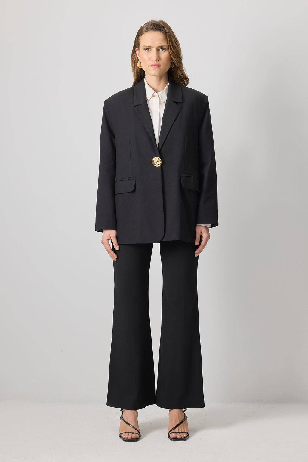 Polished Blazer with Gold Statement Button:  Black
