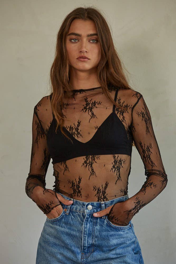 Lace Longsleeve Layering Top:  Black
