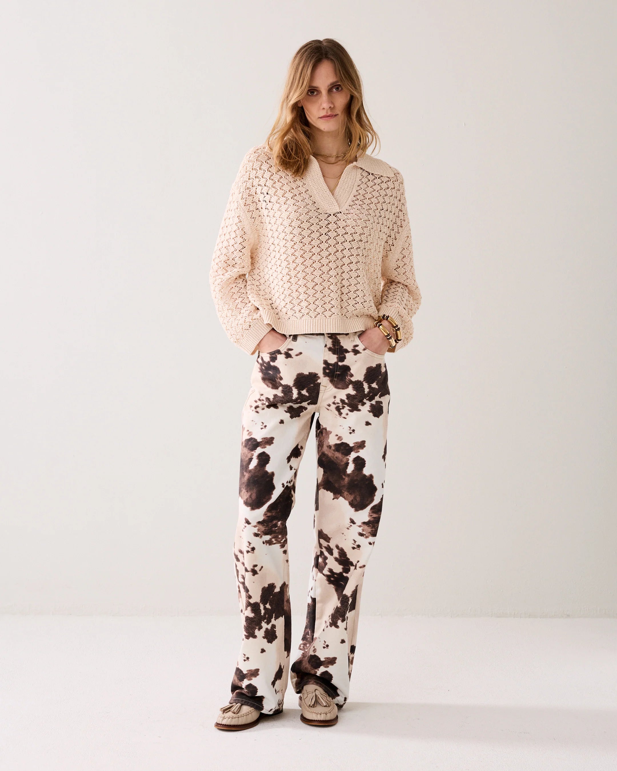 Baggy Straight-Leg Trousers: Cow Print