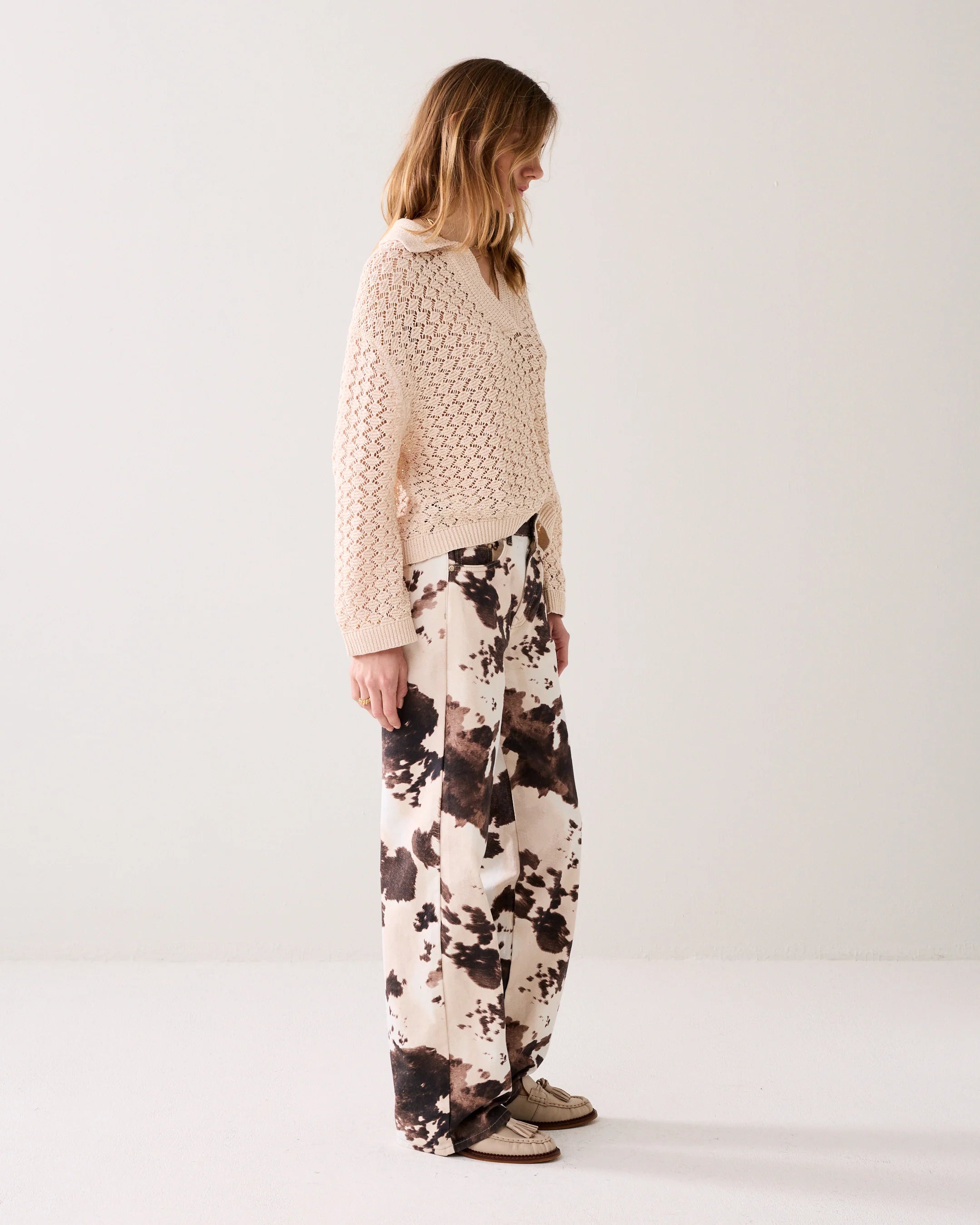 Baggy Straight-Leg Trousers: Cow Print